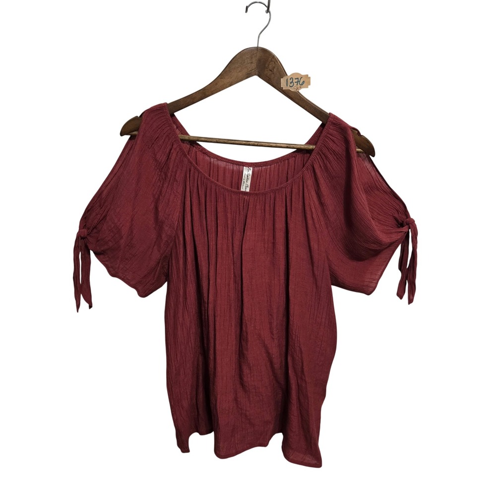 Per Seption Concept Womens Cold Shoulder Tie Sleeve Top Burgundy Wine Large